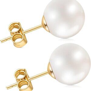 Brand New Pearl Stud Earrings for Women, 10mm, Gold, Hypoallergenic Sterling Sil
